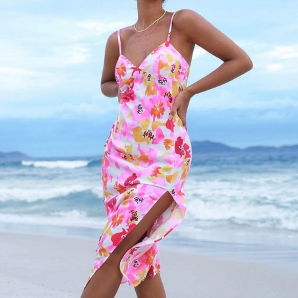 multicolor floral allover print split thigh cami dress summer vacay travel cute - Picture 4 of 5
